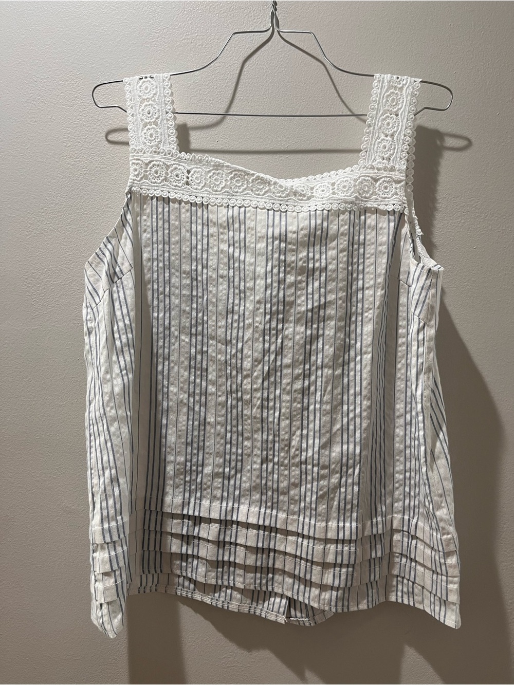 SHEIN White Tank Top with Blue Pinstripes & Lace Trim